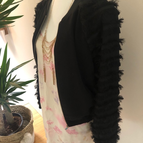 ZARA FEATHER SLEEVE BLACK BOMBER - Picture 1 of 6